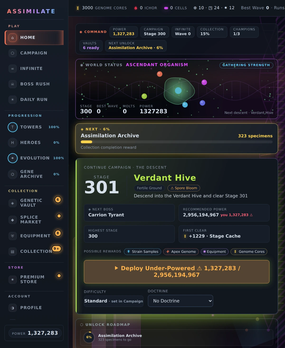 The Command Center home screen with the living world status organism